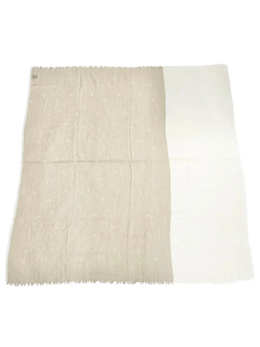 Chanel Cashmere Silk CC Logo Quilted Pattern Mini Fringe Shawl Beige Ivory Scarf
